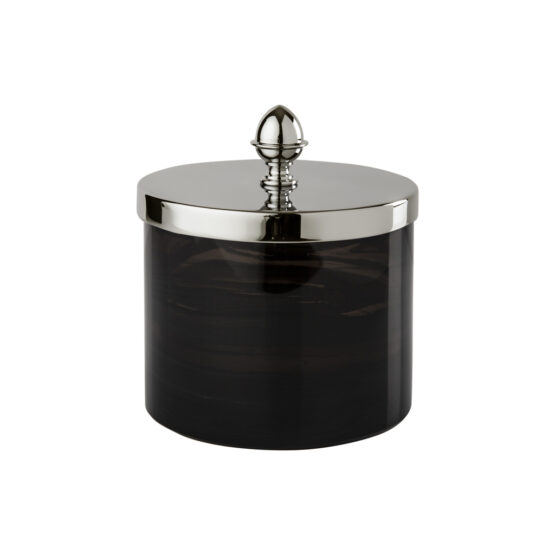 Luxury large q-tip jar made of obsidian crystal glass and brass in nickel by Cristal & Bronze from the Obsidienne Lisse series