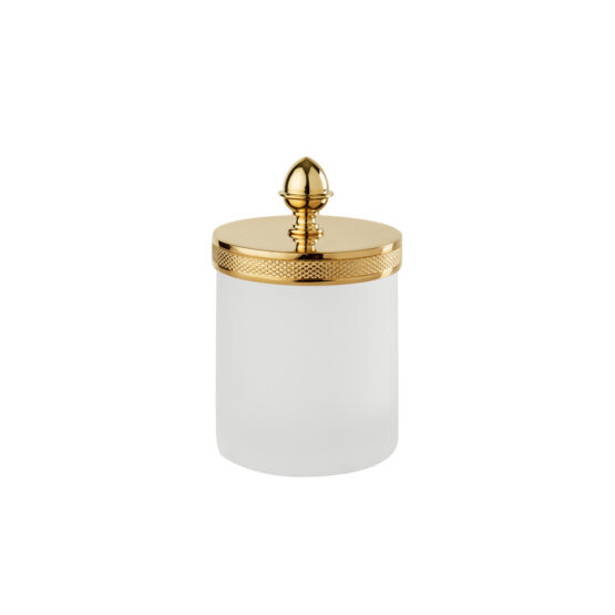 Luxury small q-tip jar made of glass and brass in gold by Cristal & Bronze from the Satine Cisele series
