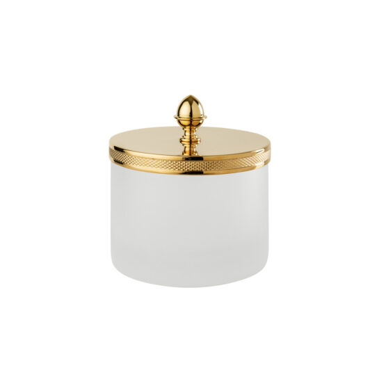 Luxury large q-tip jar made of glass and brass in gold by Cristal & Bronze from the Satine Cisele series