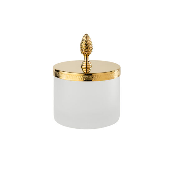 Luxury glass jar made of glass and brass in gold by Cristal & Bronze from the Satine Cisele series