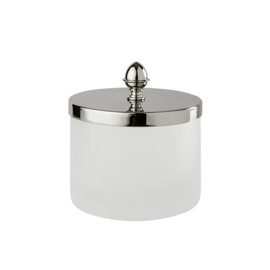 Luxury large q-tip jar made of glass and brass in nickel by Cristal & Bronze from the Satine Lisse series