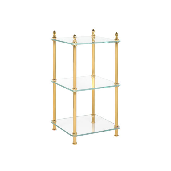 Luxury glass shelving unit made of glass and brass in gold by Cristal & Bronze from the Metall series