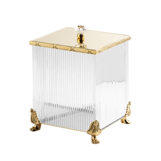Luxus Mülleimer aus klarem Kristallglas und Messing in Gold von Cristal & Bronze aus der Serie Cristal Taille Cannele Cisele
