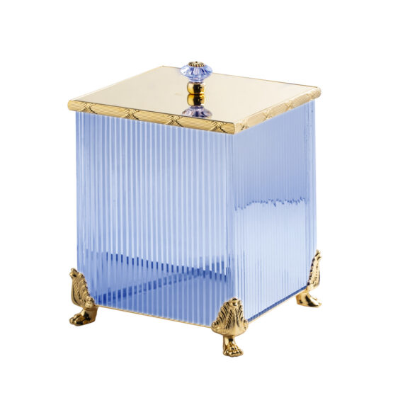 Luxus Mülleimer aus blauem Kristallglas und Messing in Gold von Cristal & Bronze aus der Serie Cristal Taille Cannele Cisele