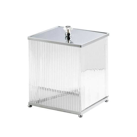 Luxury bathroom bin made of clear crystal glass and brass in chrome by Cristal & Bronze from the Cristal Taille Cannele Lisse series