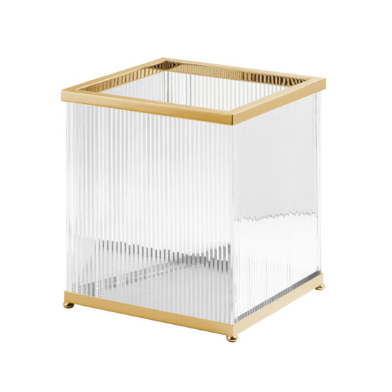Luxury bathroom bin made of clear crystal glass and brass in gold by Cristal & Bronze from the Cristal Taille Cannele Lisse series