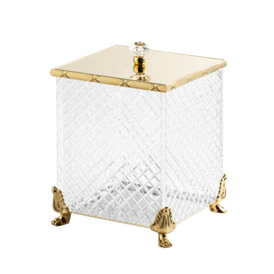 Luxury bathroom bin made of clear crystal glass and brass in gold by Cristal & Bronze from the Cristal Taille Diamant Cisele series