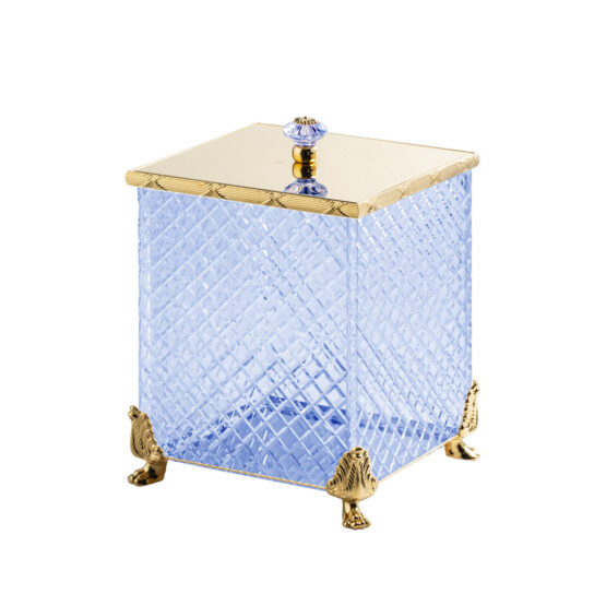 Luxus Mülleimer aus blauem Kristallglas und Messing in Gold von Cristal & Bronze aus der Serie Cristal Taille Diamant Cisele
