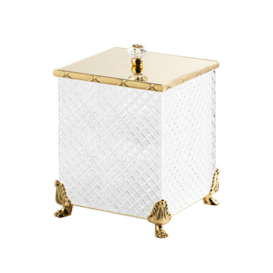 Luxury bathroom bin made of clear crystal glass and brass in gold by Cristal & Bronze from the Cristal Taille Losange Cisele series