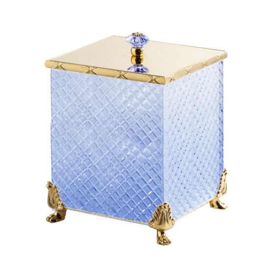 Luxus Mülleimer aus blauem Kristallglas und Messing in Gold von Cristal & Bronze aus der Serie Cristal Taille Losange Cisele