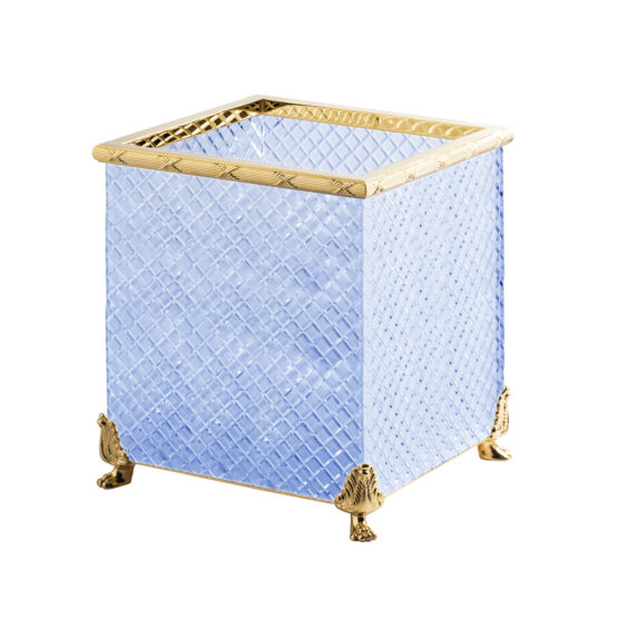 Luxus Mülleimer aus blauem Kristallglas und Messing in Gold von Cristal & Bronze aus der Serie Cristal Taille Losange Cisele