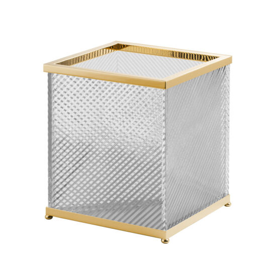 Luxury bathroom bin made of crystal glass and brass in gold by Cristal & Bronze from the Infini series