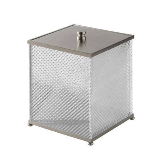 Luxury bathroom bin made of crystal glass and brass in nickel matt by Cristal & Bronze from the Infini series