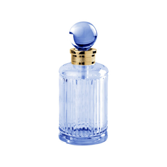 Luxus Parfümflasche aus blauem Kristallglas und Messing in Gold von Cristal & Bronze aus der Serie Cristal Taille Cannele Cisele