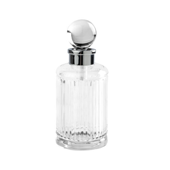 Luxury perfume bottle made of clear crystal glass and brass in chrome by Cristal & Bronze from the Cristal Taille Cannele Lisse series