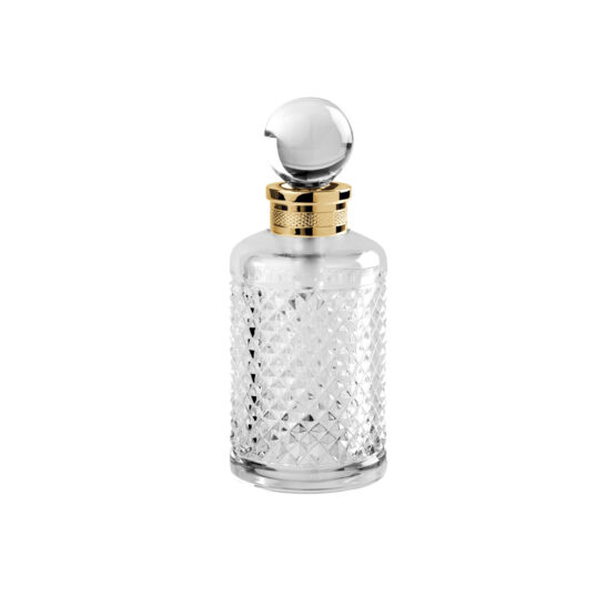 Luxury perfume bottle made of clear crystal glass and brass in gold by Cristal & Bronze from the Cristal Taille Diamant Cisele series