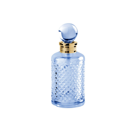 Luxus Parfümflasche aus blauem Kristallglas und Messing in Gold von Cristal & Bronze aus der Serie Cristal Taille Diamant Cisele