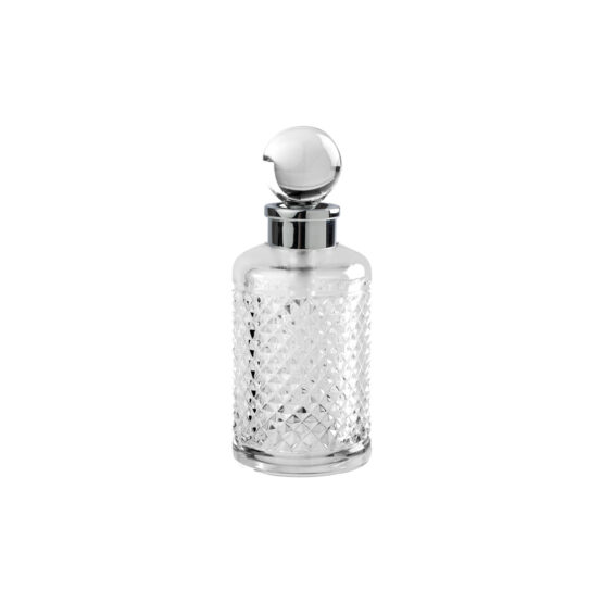 Luxus Parfümflasche aus klarem Kristallglas und Messing in Chrom von Cristal & Bronze aus der Serie Cristal Taille Diamant Lisse
