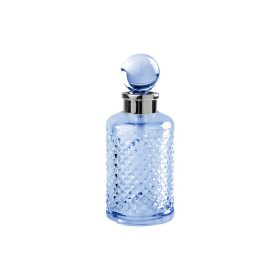Luxus Parfümflasche aus blauem Kristallglas und Messing in Chrom von Cristal & Bronze aus der Serie Cristal Taille Diamant Lisse