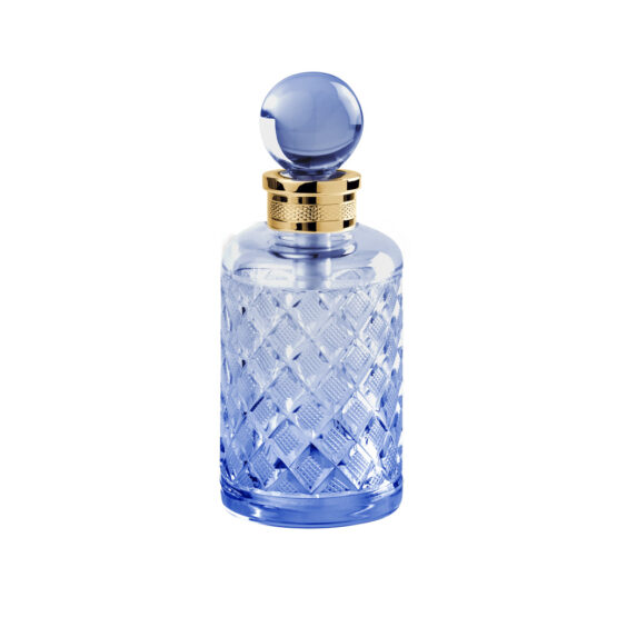 Luxus Parfümflasche aus blauem Kristallglas und Messing in Gold von Cristal & Bronze aus der Serie Cristal Taille Losange Cisele