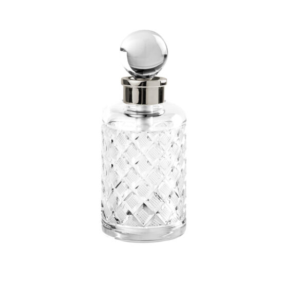 Luxus Parfümflasche aus klarem Kristallglas und Messing in Nickel von Cristal & Bronze aus der Serie Cristal Taille Losange Lisse