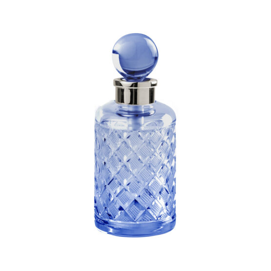 Luxus Parfümflasche aus blauem Kristallglas und Messing in Nickel von Cristal & Bronze aus der Serie Cristal Taille Losange Lisse