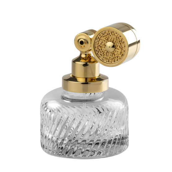 Luxury perfume atomizer made of crystal glass and brass in gold by Cristal & Bronze from the Infini series