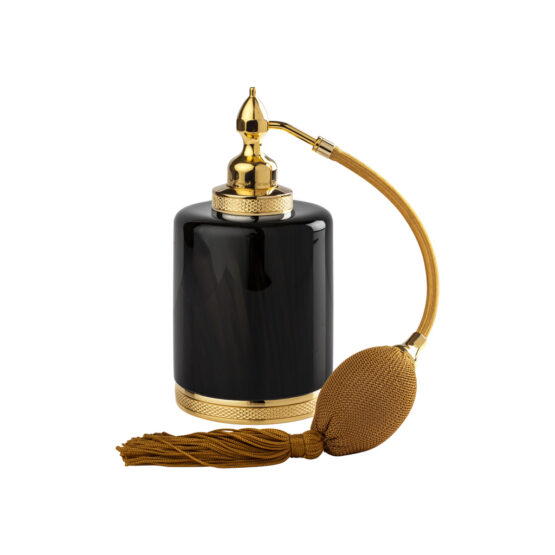 Luxury room spray made of obsidian crystal glass and brass in gold by Cristal & Bronze from the Obsidienne Cisele series