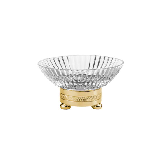 Luxury soap dish made of clear crystal glass and brass in gold by Cristal & Bronze from the Cristal Taille Cannele Cisele series