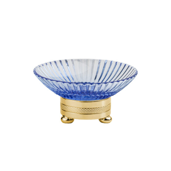 Luxus Seifenschale aus blauem Kristallglas und Messing in Gold von Cristal & Bronze aus der Serie Cristal Taille Cannele Cisele