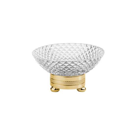 Luxury soap dish made of clear crystal glass and brass in gold by Cristal & Bronze from the Cristal Taille Diamant Cisele series