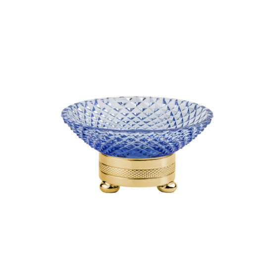 Luxus Seifenschale aus blauem Kristallglas und Messing in Gold von Cristal & Bronze aus der Serie Cristal Taille Diamant Cisele