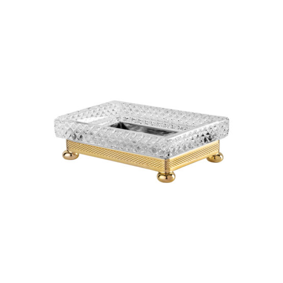 Luxury soap dish made of crystal glass and brass in gold by Cristal & Bronze from the Cristal Taille Diamant Cisele series