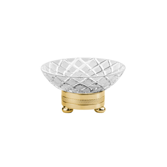 Luxury soap dish made of clear crystal glass and brass in gold by Cristal & Bronze from the Cristal Taille Losange Cisele series