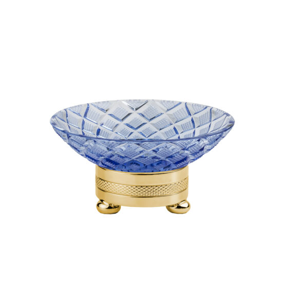 Luxus Seifenschale aus blauem Kristallglas und Messing in Gold von Cristal & Bronze aus der Serie Cristal Taille Losange Cisele