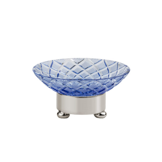Luxus Seifenschale aus blauem Kristallglas und Messing in Nickel von Cristal & Bronze aus der Serie Cristal Taille Losange Lisse