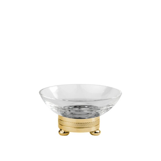 Luxury soap dish made of crystal glass and brass in gold by Cristal & Bronze from the Cristallin Cisele series