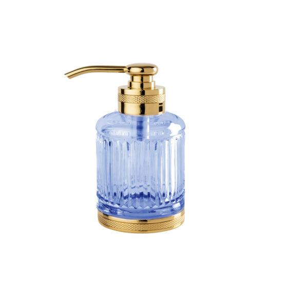 Luxus Seifenspender aus blauem Kristallglas und Messing in Gold von Cristal & Bronze aus der Serie Cristal Taille Cannele Cisele