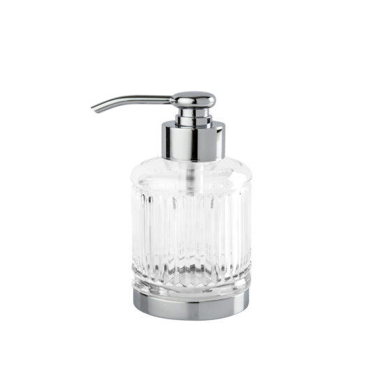 Luxury soap dispenser made of clear crystal glass and brass in chrome by Cristal & Bronze from the Cristal Taille Cannele Lisse series