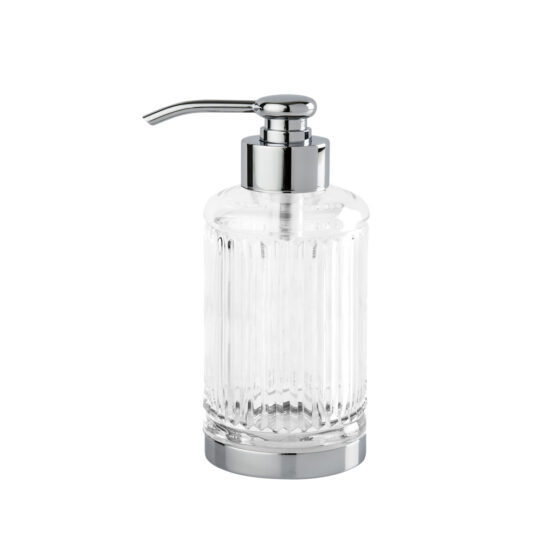 Luxury soap dispenser made of clear crystal glass and brass in chrome by Cristal & Bronze from the Cristal Taille Cannele Lisse series