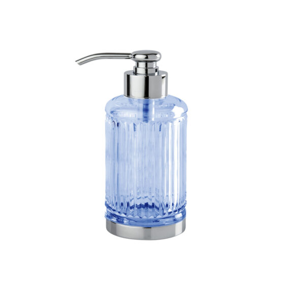 Luxus Seifenspender aus blauem Kristallglas und Messing in Chrom von Cristal & Bronze aus der Serie Cristal Taille Cannele Lisse