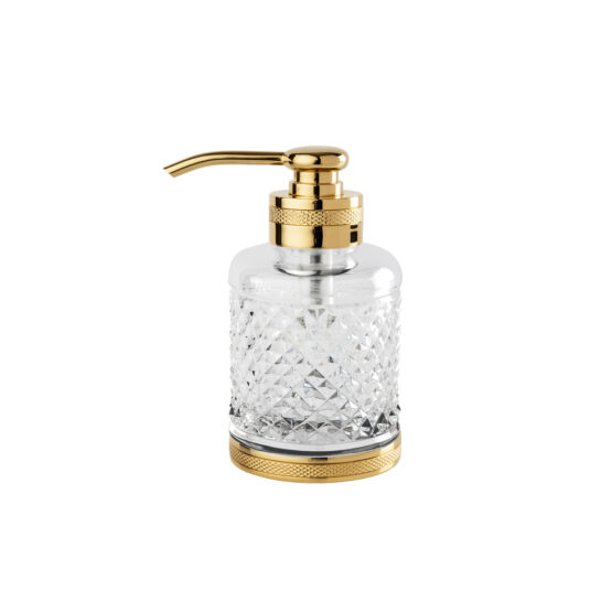 Luxury soap dispenser made of clear crystal glass and brass in gold by Cristal & Bronze from the Cristal Taille Diamant Cisele series