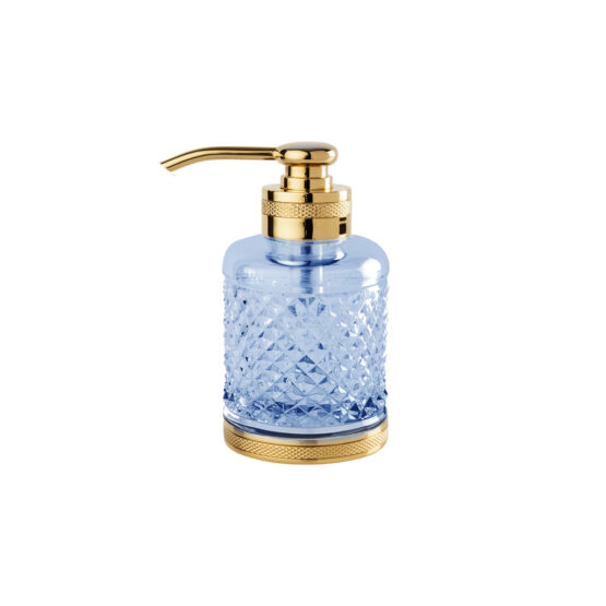 Luxus Seifenspender aus blauem Kristallglas und Messing in Gold von Cristal & Bronze aus der Serie Cristal Taille Diamant Cisele