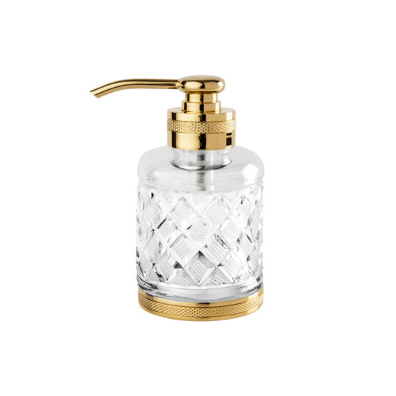 Luxury soap dispenser made of clear crystal glass and brass in gold by Cristal & Bronze from the Cristal Taille Losange Cisele series