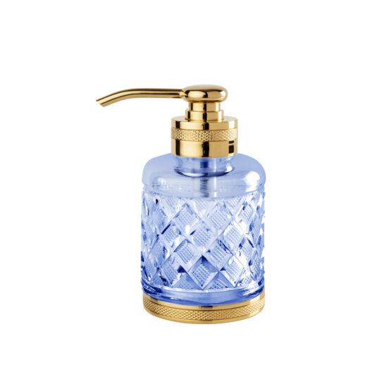 Luxus Seifenspender aus blauem Kristallglas und Messing in Gold von Cristal & Bronze aus der Serie Cristal Taille Losange Cisele