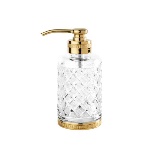 Luxus Seifenspender aus klarem Kristallglas und Messing in Gold von Cristal & Bronze aus der Serie Cristal Taille Losange Cisele