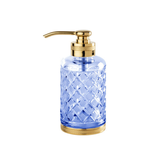Luxus Seifenspender aus blauem Kristallglas und Messing in Gold von Cristal & Bronze aus der Serie Cristal Taille Losange Cisele