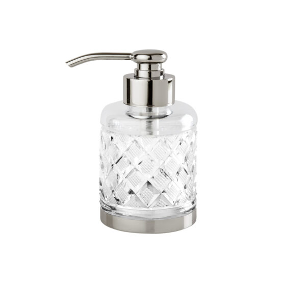 Luxus Seifenspender aus klarem Kristallglas und Messing in Nickel von Cristal & Bronze aus der Serie Cristal Taille Losange Lisse