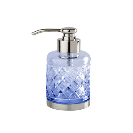 Luxus Seifenspender aus blauem Kristallglas und Messing in Nickel von Cristal & Bronze aus der Serie Cristal Taille Losange Lisse