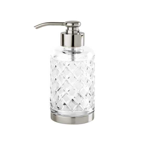 Luxury soap dispenser made of clear crystal glass and brass in nickel by Cristal & Bronze from the Cristal Taille Losange Lisse series
